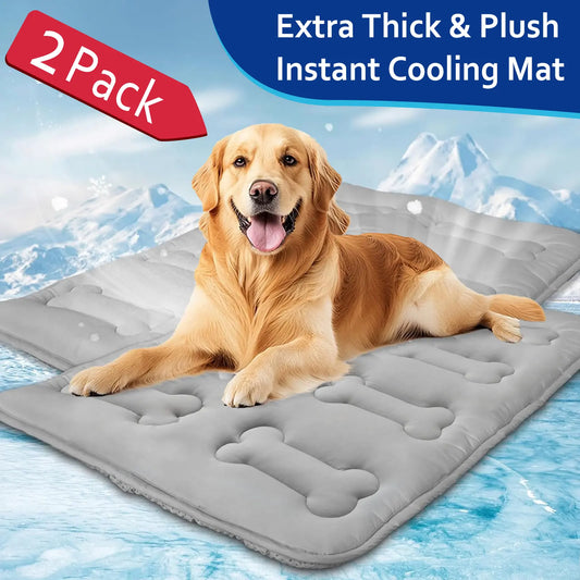 2Pcs Thicker Cooling Mat for Dogs or Cats, Cute Bone Quiled Durable Non-Slip Long-Lasting Instant Cool Summer Pet Cooling Pad, No Geal No Electric Portable Lightweight Washable Indoor Outdoor Cold Kennel Crate Bed for Large Dogs, Grey #Summervibes
